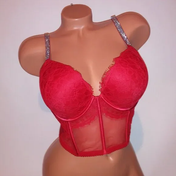 Victoria Secret Bra Push Up Red Silver Shine Strap Logo Lace Long Line Very Sexy Bras
